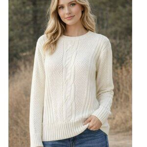 Women's Roxy White Cable Knit Sweater Size XL Rounded Neckline Long Sleeves Boho